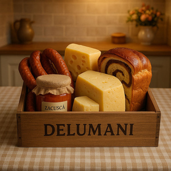 Traditional Romanian foods in a rustic box with DELUMANI label on a cozy kitchen table