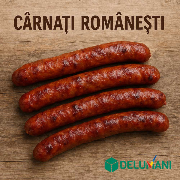 Cârnați românești tradiționali — cârnați afumați și rumeniți, așezați pe fund de lemn rustic — preparat autentic din bucătăria românească
