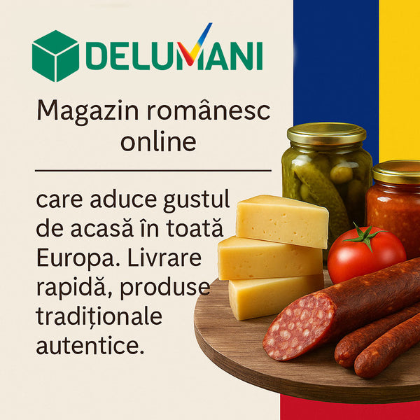 Produse tradiționale românești – salam, brânză, roșii, murături și zacuscă – prezentate lângă mesajul Delumani: Magazin românesc online cu livrare rapidă în Europa.