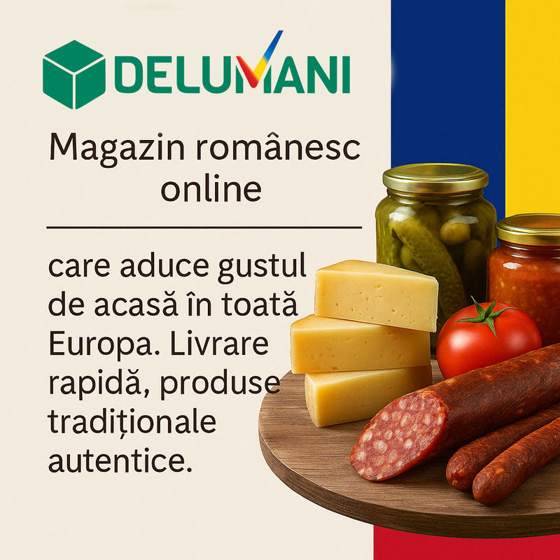 Produse tradiționale românești – salam, brânză, roșii, murături și zacuscă – prezentate lângă mesajul Delumani: Magazin românesc online cu livrare rapidă în Europa.